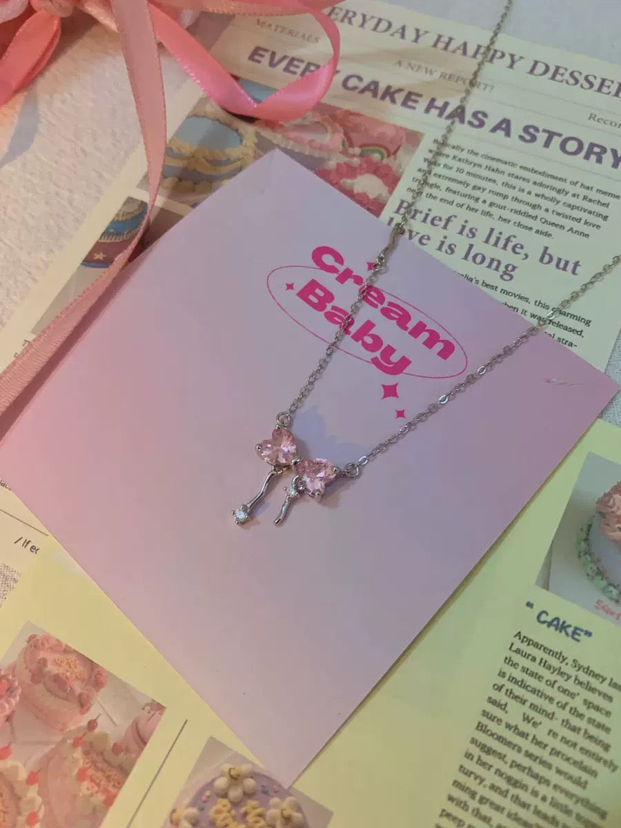 Sweet girl representative pink bow tassel necklace new niche design S925🎀