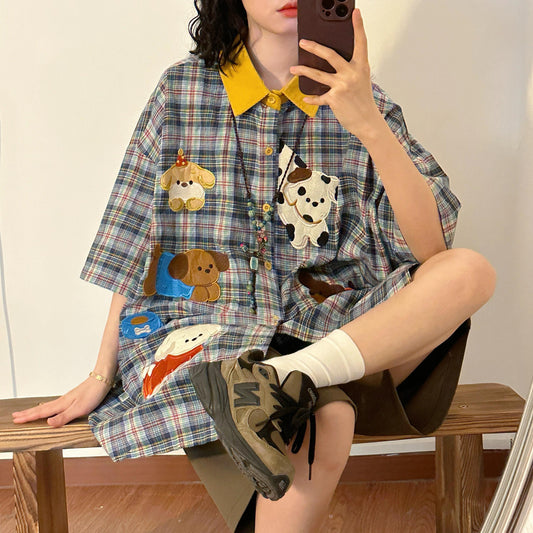 retro puppy embroidery plaid contrast color short-sleeved shirt loose large size half-sleeved top summer men and women