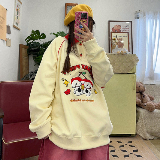 🍒Cute childlike retro contrasting color cherry plush puppy embroidered loose pullover sweatshirt top autumn and winter