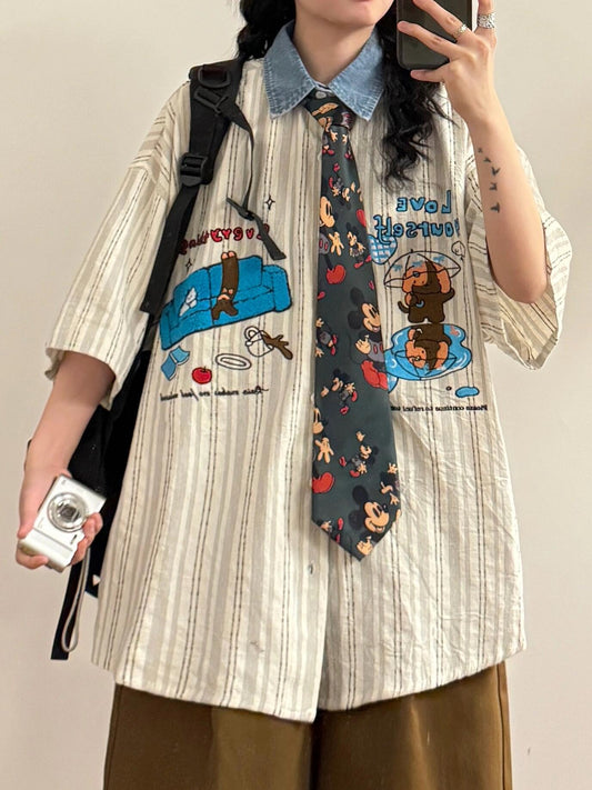 studio fun sofa puppy cat cartoon embroidered short-sleeved shirt summer loose college style shirt